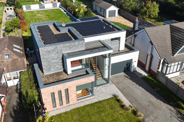 Flat roof solar system on a modern house in Cheshire